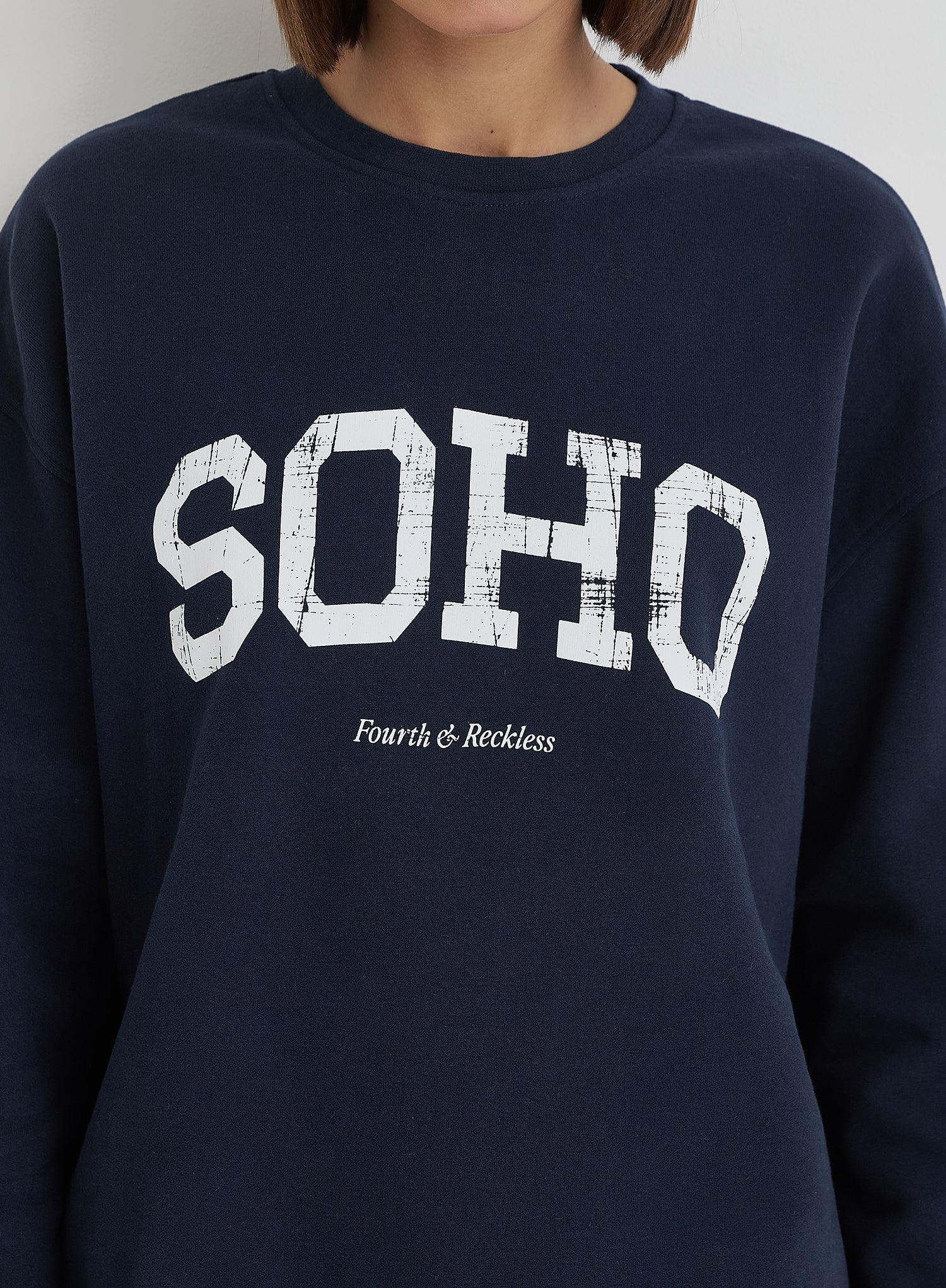 Navy Distressed Soho Slogan Classic Longline Sweatshirt